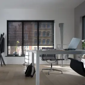 Modernes Büro mit Schreibtisch, Laptop, Pflanzen und großen Fenstern mit Jalousien.